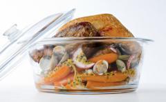 pintade fermire d auvergne rtie aux coques, jus de passion, carottes fondantes
