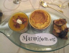 Soufflé à la truffe et au foie gras, velouté de potimarron aux chataignes, tartine de campagne foie gras figues et pommes