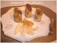 Crpes fourres de mousse au chocolat aux poires caramlises faon Makis