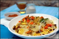 Nouilles sautes aux fruits de mer sans gluten et sans lactose