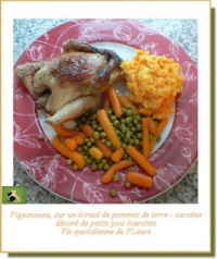 Pigeonneau sur un cras pommes de terre carottes dcor de petits pois carottes