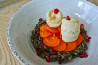 Risotto  l  encre de seiche carottes et filets de carrelet vapeur
