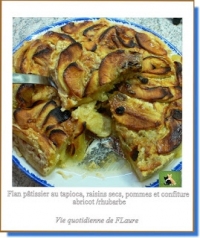Flan ptissier au tapioca raisins secs pommes et confiture abricot rhubarbe